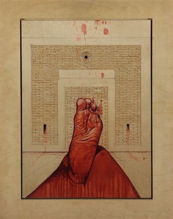 Pietro Giorgio Viotto, Ai Piedi del Muro, 1975/76, tecnica mista e intagli su...