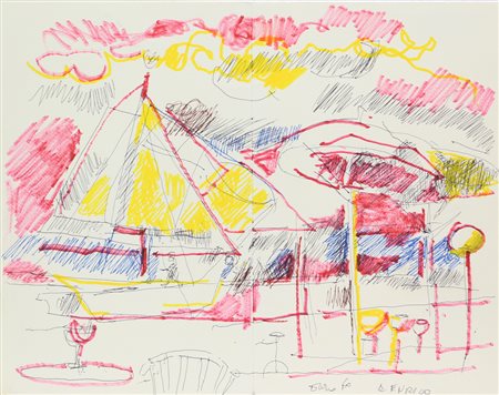 Dario Fo, Senza titolo, tecnica mista sul retro di un menù, cm. 30x37,5,...