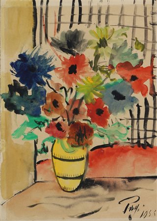 Ignoto, Vaso di Fiori, 1955, acquerello su carta, cm. 35x24,5, firma non...