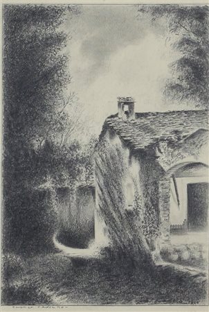 Ignoto, Rustico Cadorino, 1944, disegno a matita su carta, cm. 28x19, firma...