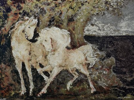 Aligi Sassu, Cavalli Rosa, multiplo su lastra in argento 800 tratto...