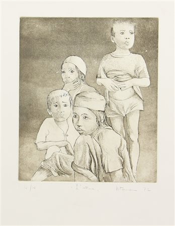 Ignoto, L'Attesa, 1972, incisione su carta, cm. 70x50 (lastra cm. 29,5x24,5),...