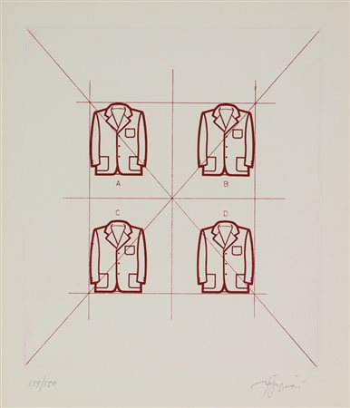 Tino Stefanoni, Giacche, 1970, incisione su carta, cm. 26,3x23,3 (lastra cm....