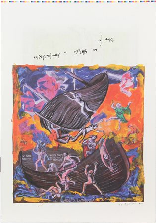 Dario Fo, Lo Sbarco di Lampedusa, 2012, stampa su carta, cm. 72x50,5, firmata...