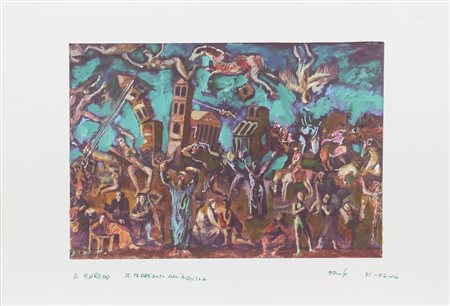 Dario Fo, Il Terremoto dell'Aquila, 2010, stampa su carta, cm. 48x68,...