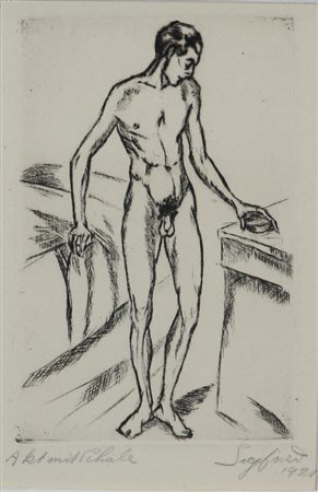Arne Siegfried, Nudo Maschile, 1921, incisione su carta, lastra cm. 14x9,...