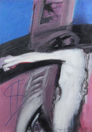 Tino Vaglieri, Camminatore nella Città, olio su carta, cm. 70x50, firmato e...