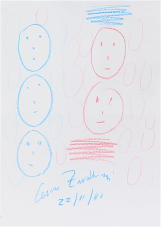 Cesare Zavattini, Senza titolo, 1981, pastelli su carta, cm. 30x21, firmato e...