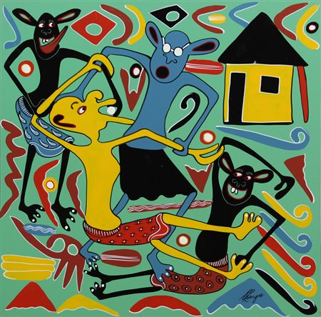 George Lilanga, KULADAWA ILIUPATE AFUENI, 1999, olio su faesite, cm. 61,5x61,...