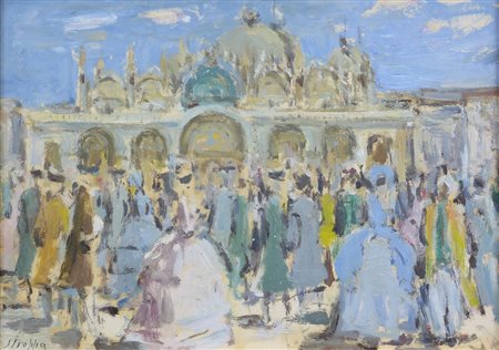 Leonardo Stroppa, Maschere a Venezia, olio su cartone, cm. 24x34, firmato in...