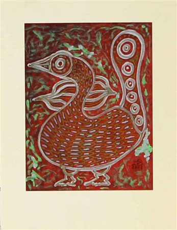 Mario De Biase, Pavone, 2001, tecnica mista su cartoncino, cm. 18,3x14,...