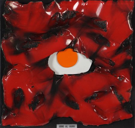 Sergio Vanni, Uovo al Burri, 2015, applicazioni su tavola entro teca di...