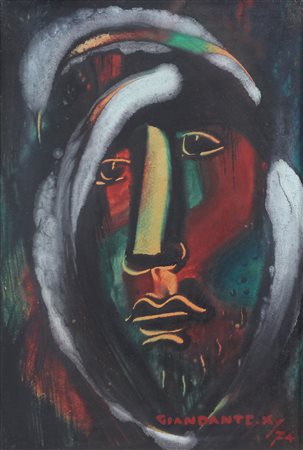 Giandante X, Volto, 1974, encausto su tavola, cm. 50x30, firmato e datato in...