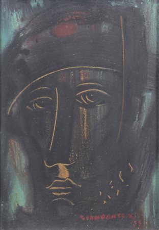 Giandante X, Volto, 1973, encausto su tavola, cm. 50x30, firmato e datato in...