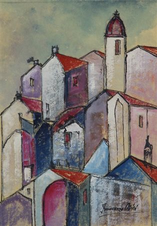 Innocenzo Orici, Borgo Antico, tecnica mista su carta, cm. 20x14, firmato in...