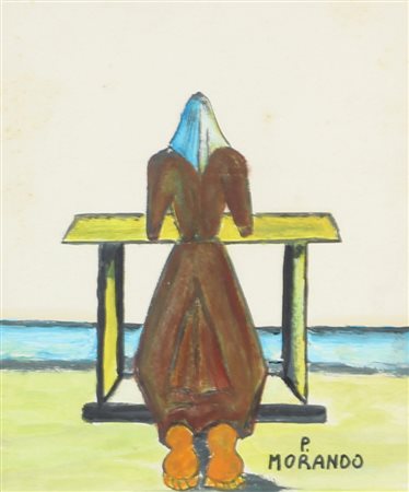 Pietro Morando, Senza titolo, tecnica mista su carta, cm. 18,5x16, firmato in...