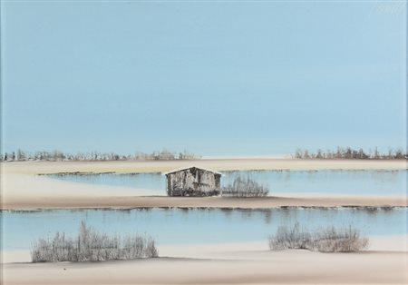 Marco Lucioni, Delta con Capanno, 1976, olio su tela, cm. 50x70, firmato in...