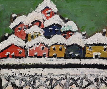 Corrado Spaziani, Cortina sotto la Neve, 1979, olio su faesite, cm. 30x36,...