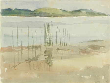 Ignoto, Paesaggio Lacustre, 1945, acquerello su carta, cm. 17,5x23,5, firmato...