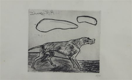 Antonio Ligabue, Cane e nubi, 1966, puntasecca su carta, cm. 37,5x57,5...