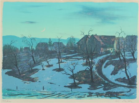 Walter Sautter, Paesaggio Notturno, litografia su carta, cm. 39x50, es....