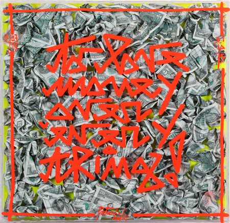 Peter Hide, The love money over everything!, 2015, tecnica mista e banconote...