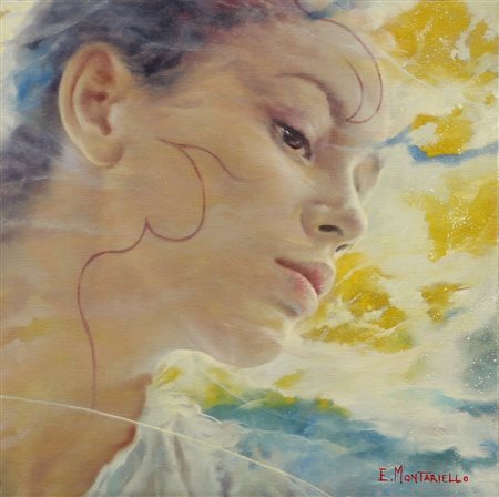 Ennio Montariello, Dentro l'Azione, olio su tela, cm. 30x30, firmato in basso...