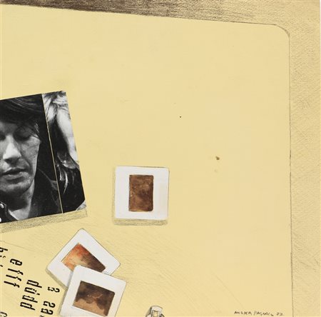 Andrea Pagnacco, Dedicato a De Andrà, 1977, tecnica mista e collage su carta,...