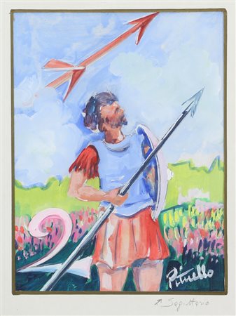 Enzo Pituello, Sagittario, 1984, tecnica mista su carta, cm. 24x18, firmata...