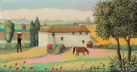 Francesco Maiolo, Paesaggio con Cascinale, 2000, olio su tavola, cm. 11x20,...