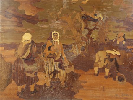 Enzo Fasano, Senza titolo, intarsio di radica su tavola, cm. 50x75, firmato...