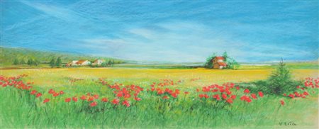 Vittorio Lita, Paesaggio, pastelli su carta velluto, cm. 25x60, firmato in...