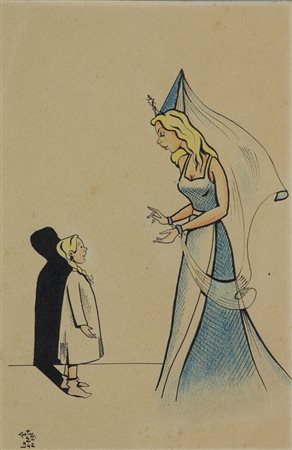 Ignoto, Fata e Bambina, 1942, tecnica mista su carta, cm. 22,5x15, firma non...