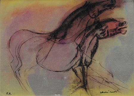 Bruno Cassinari, Cavalli, serigrafia su lastra di argento, cm. 11x15, es....