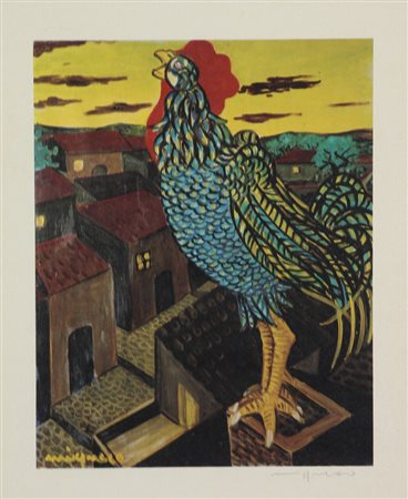 Giuseppe Migneco, Gallo, stampa su carta, cm. 35x28, firmata in basso a...