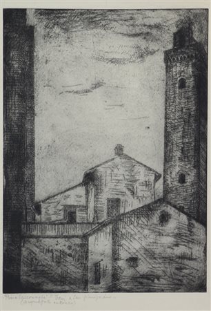 Pina Sacconaghi, Torri a San Gimignano, acquatinta a zinco su carta, cm....