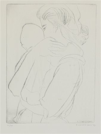 Romano Conversano, Madre con Bambino, 1969, incisione su carta, cm. 50x35...