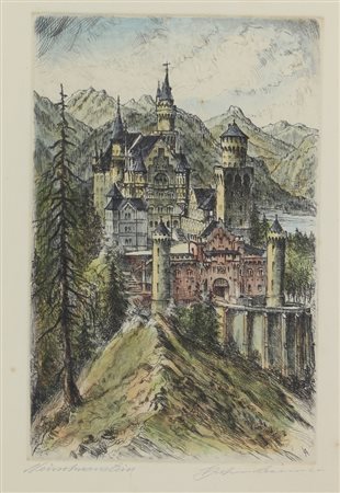 Ignoto, Il Castello di Neuschwanstein, incisione acquerellata su carta, cm....
