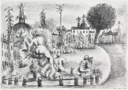 Tono Zancanaro, Piazza Navona e Pra Tono, 1973, litografia su carta, cm....