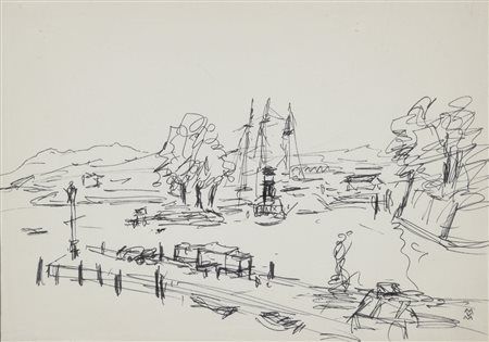 VELLANI MARCHI MARIO Modena 1895 - Milano 1973 Paesaggio disegno a china su...