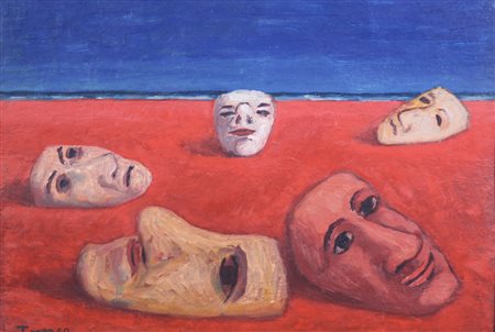 Fiorenzo Tomea, Maschere, olio su cartone, cm. 30,5x40,5, firmato in basso a...