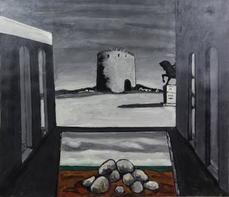 Piero Buitoni, Omaggio a De Chirico, 1988, olio su tela, cm. 80x90, firmato,...