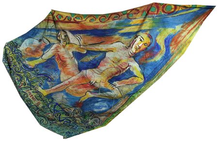 Dario Fo, Vela al Terzo, tecnica mista su vela, cm. 380x200, firmata in basso...