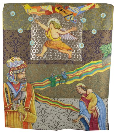 Berico, Fuga in Egitto, tecnica mista, lampasso su broccato Rubelli, cm....