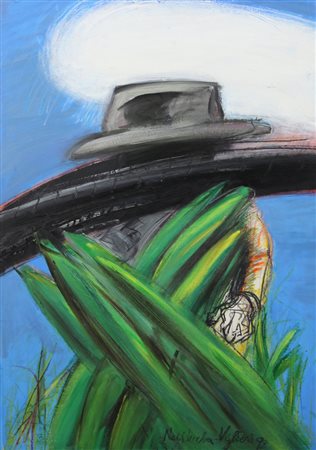 Tino Vaglieri, Nell'erba, 1998, tecnica mista su carta applicata su tela, cm....