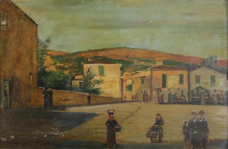 Cristiano Banti, Paese, olio su tavola, cm. 27x44, firmato in basso a sinistra