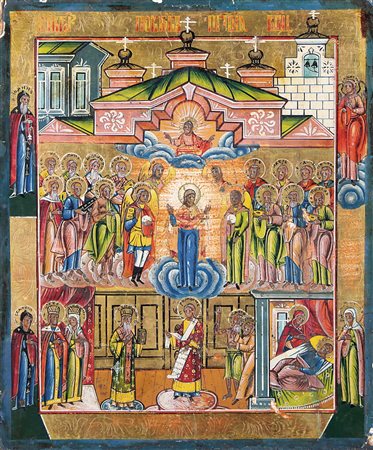 ICONA RUSSA DEL XIX SECOLO Madonna di PokrovTempera all'uovo su tavola, cm...