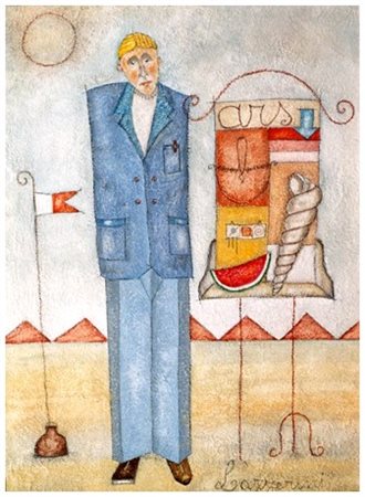 SERGIO LAZZERINI Pisa 1951 Venditore e altarino Olio su tavola preparata 50 x...