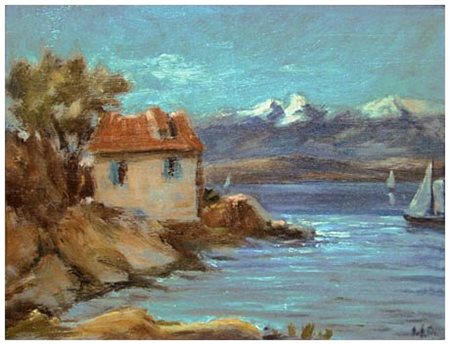 ITALO LOTTI Pisa 1912 - Pisa 2009 Insenatura marina con veduta delle Apuane...