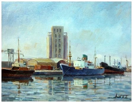 RAFFAELLO LOPEZ Livorno 1921 - Livorno 1995 Livorno (Porto Nuovo) Olio su...